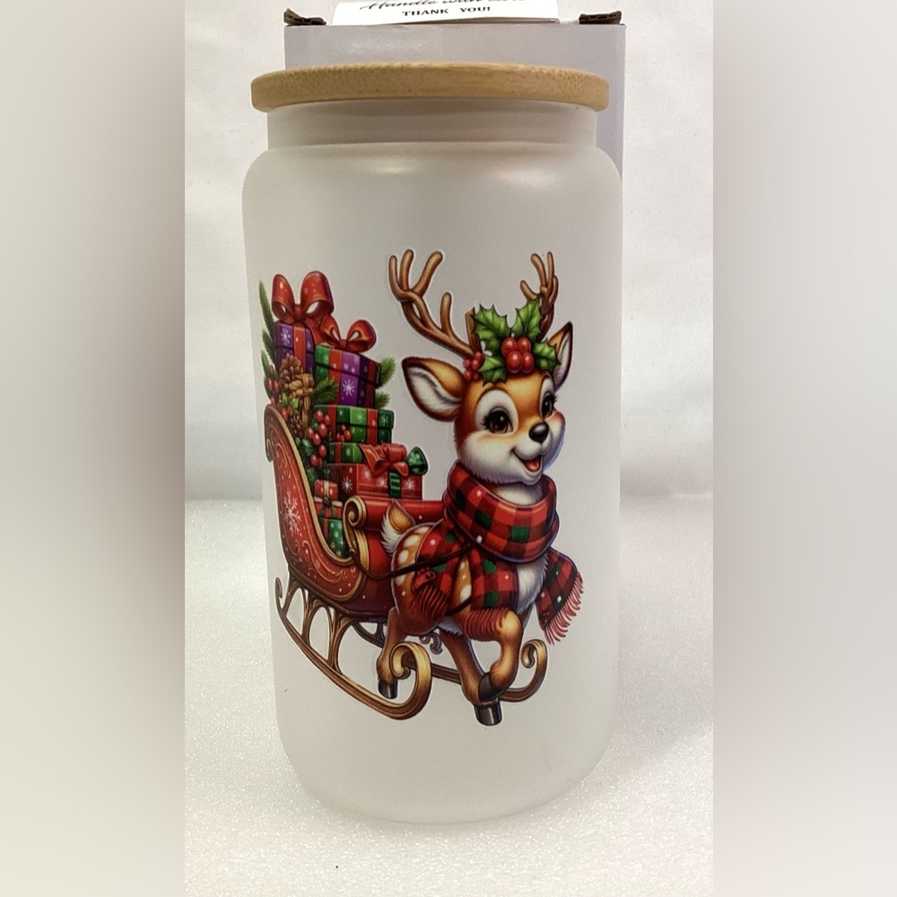 Christmas Frosted Glass Tumbler w Woden Lid 16oz New w Original Box